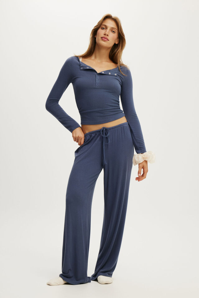Super Soft Boat Neck Henley Long Sleeve, STEELY BLUE