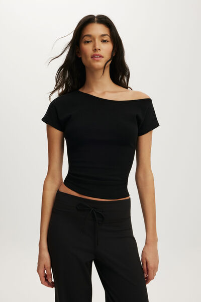 Camiseta - Active Off Shoulder Short Sleeve Tshirt, BLACK