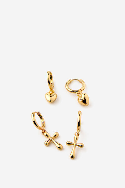 2Pk Mid Earring, UP GOLD PUFFY HEART CROSS