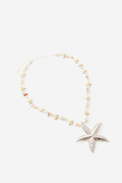 Beaded Necklace, UP WHITE BEADED SILVER STARFISH
