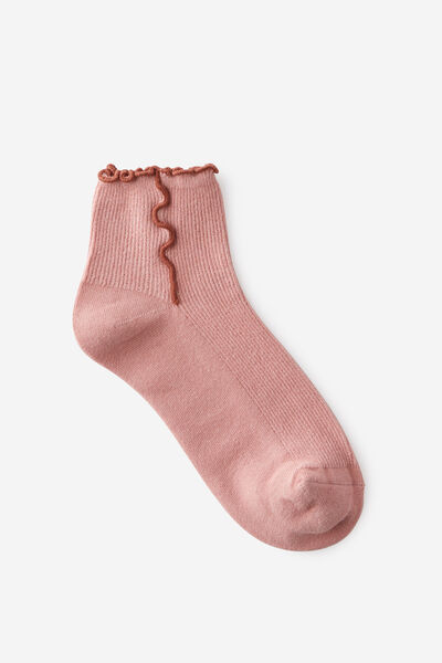 Fashion Frill Ribbed Ankle Sock, PINK/RUST