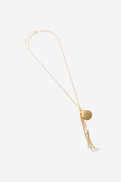 Pendant Necklace, GOLD LONG SHELL PEARLS