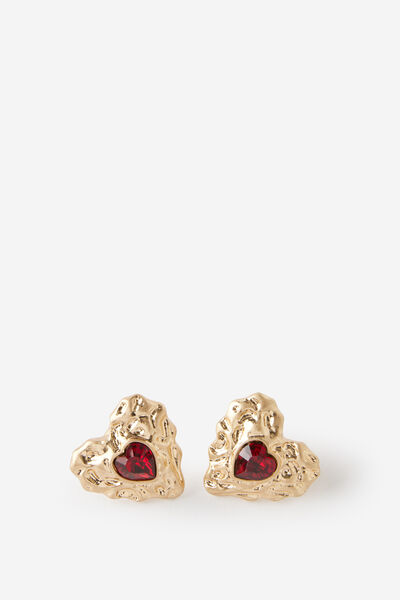 Small Charm Earring, UP GOLD TRINKET HEART RED STONE
