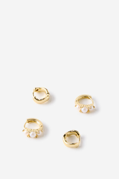 2Pk Mid Earring, UP GOLD PEARL WAVE HUGGIE HOOPS