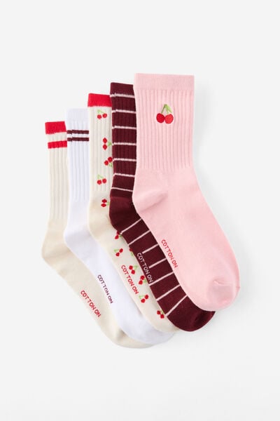 5Pk Crew Sock, CHERRIES/RED