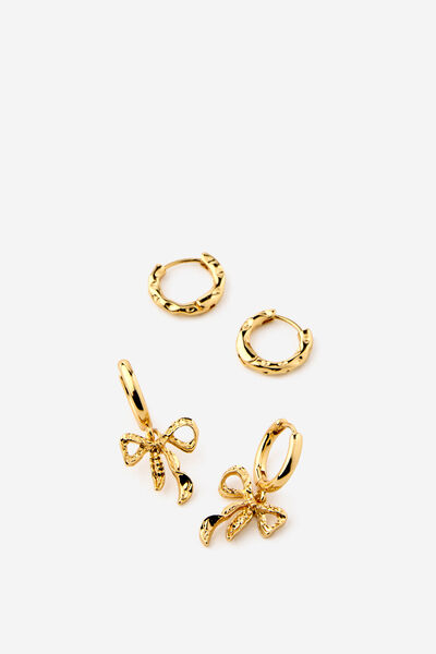 2Pk Mid Earring, UP GOLD CRINKLE BOW HUGGIE HOOP