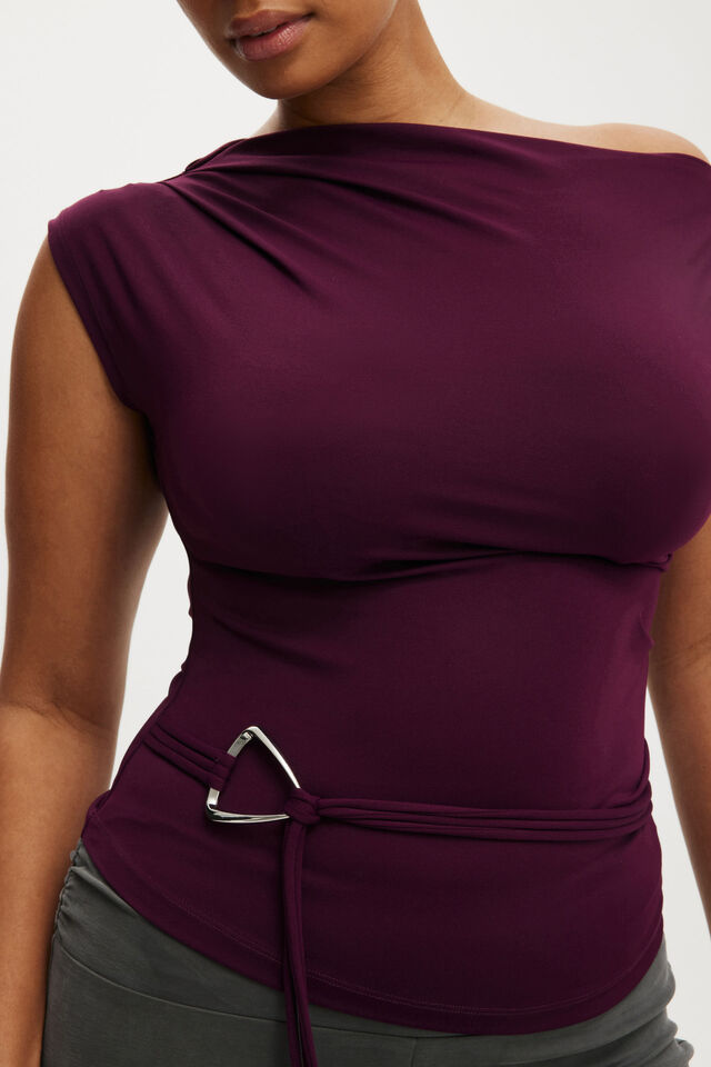 Georgie Off Shoulder Belt Short Sleeve, BLACKBERRY BELLE