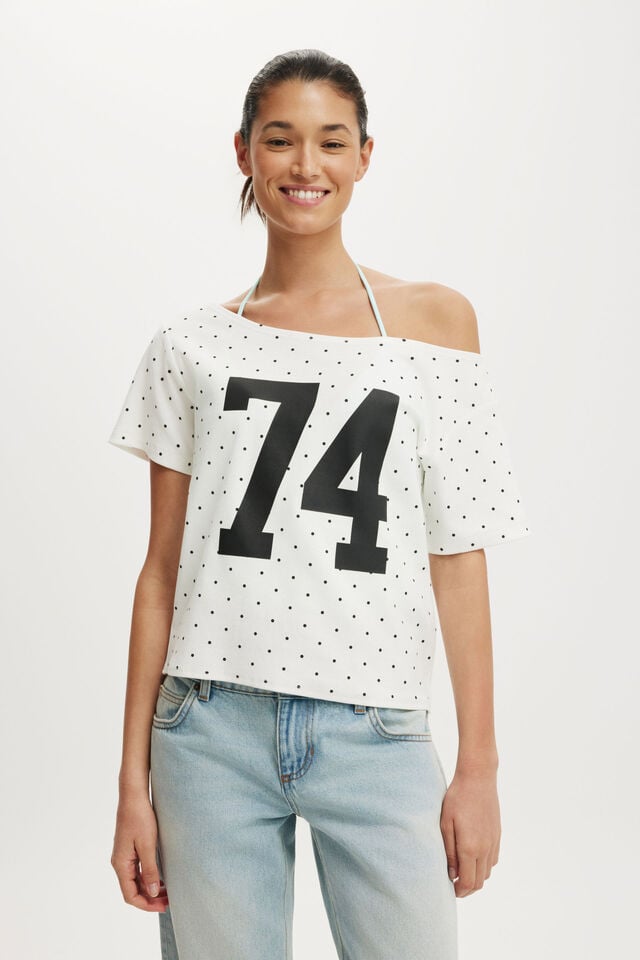 The Sporty Off Shoulder Graphic Tee, 74 / VINTAGE WHITE