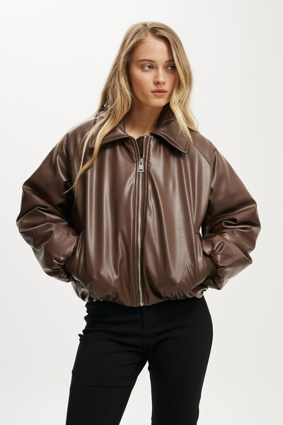 Faux Leather Puff Bomber, DARK OAK